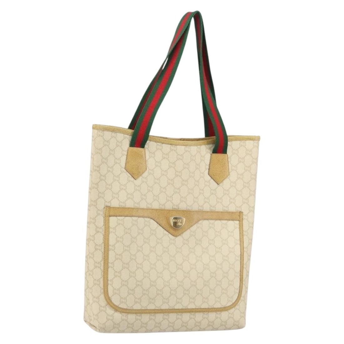 White PVC GG Supreme Web Tote by Gucci Sherry Line: White PVC GG Supreme Web Tote by Gucci Sherry Line This is a GUCCI GG Plus Supreme Web Sherry Line tote bag crafted from white PVC leather and GG canvas. The bag features dual handles, a spacious inte
