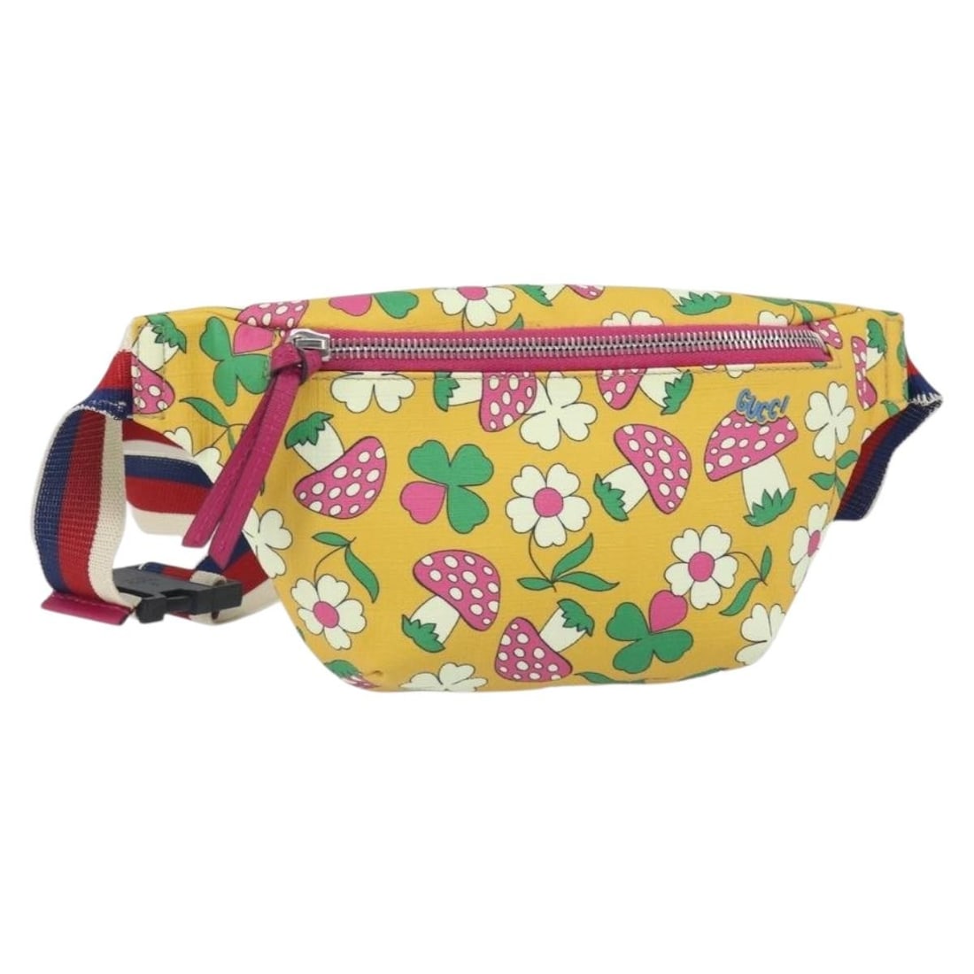 Yellow Silver GUCCI 502095 PVC Leather Waist Bag: Yellow Silver GUCCI 502095 PVC Leather Waist Bag This GUCCI waist bag features a yellow and silver PVC leather exterior and is designed for convenient hands-free carrying. The bag measures approximate