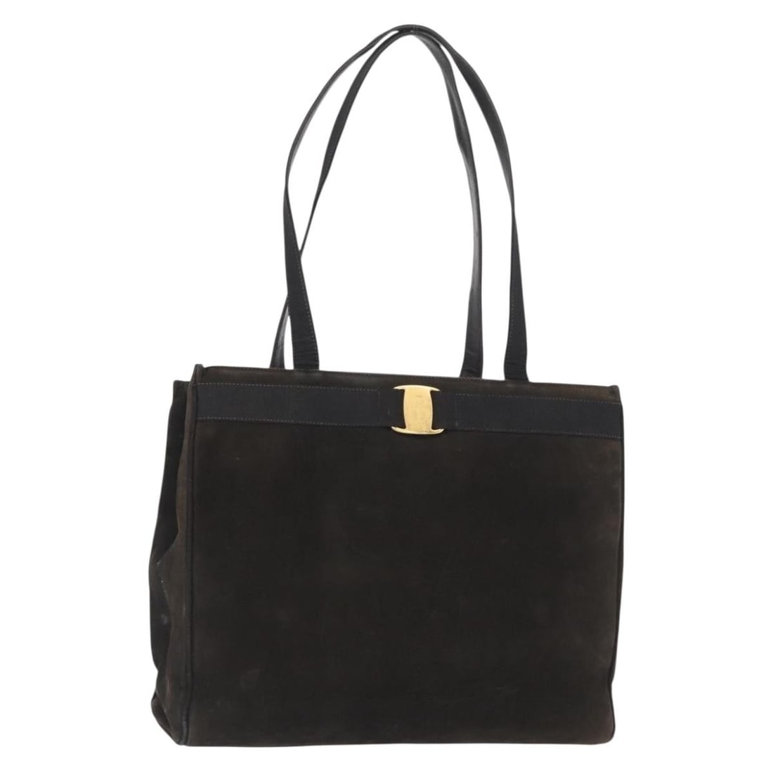 Suede Black Tote from Salvatore Ferragamo Gold Tone Hardware: Suede Black Tote from Salvatore Ferragamo Gold Tone Hardware This Salvatore Ferragamo tote bag features a black suede exterior with gold-tone accents. Crafted in Italy, it offers a spacious interior a