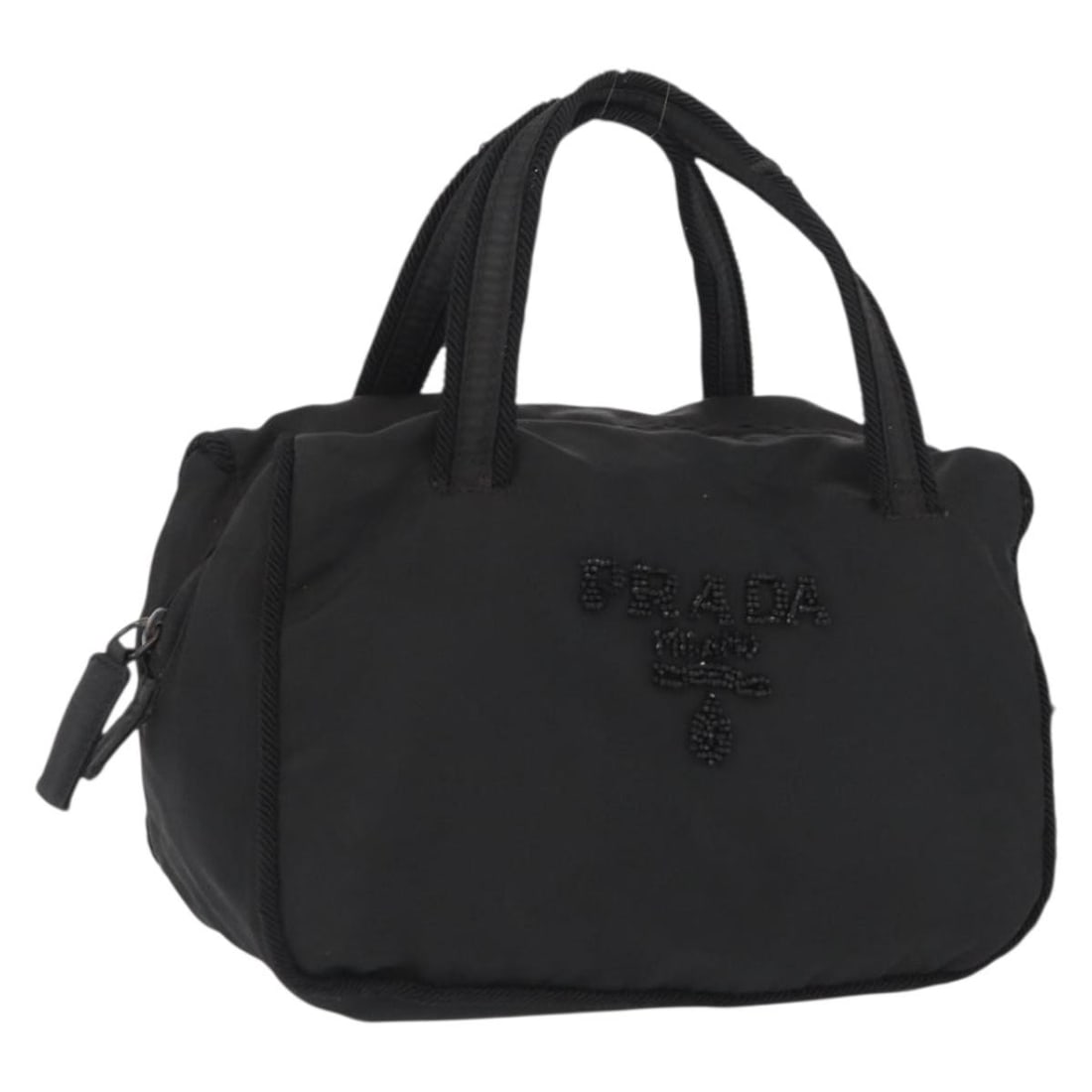 Black Nylon Prada Handbag with Silver Accents Made in Italy: Black Nylon Prada Handbag with Silver Accents Made in Italy This PRADA handbag features a black nylon exterior with silver-tone accents. The bag is made in Italy and has a compact silhouette with a si
