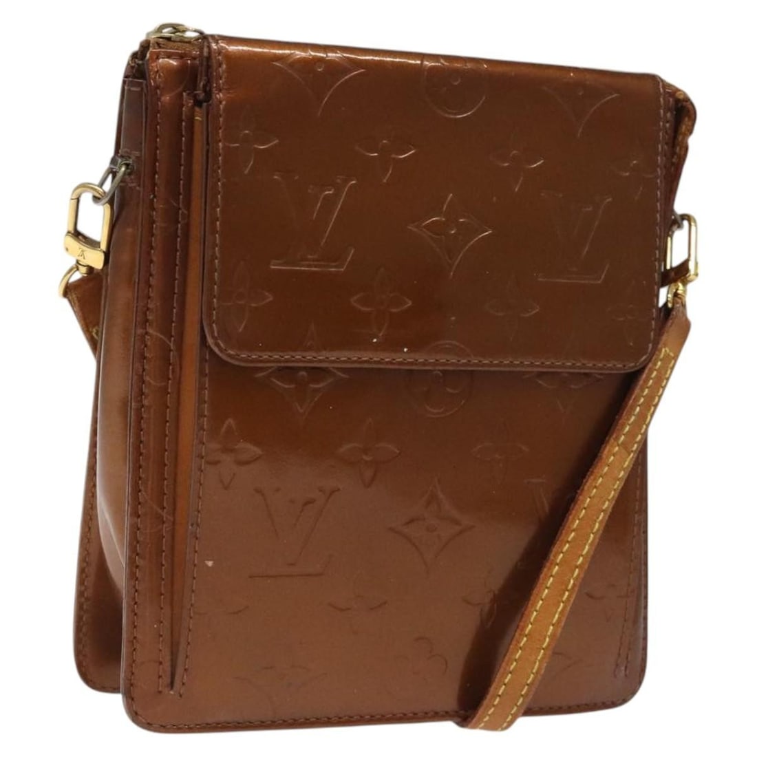 Louis Vuitton Vernis Bronze Motto Patent Leather Accessory Pouch M91138: Louis Vuitton Vernis Bronze Motto Patent Leather Accessory Pouch M91138 This Louis Vuitton Monogram Vernis Motto accessory pouch is crafted from bronze patent leather and features a compact design. Ma