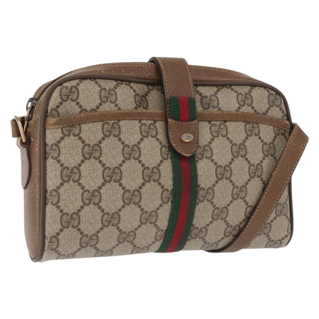 Beige GG Supreme Sherry Web Shoulder Bag by Gucci with PVC Leather 89 02 055: Beige GG Supreme Sherry Web Shoulder Bag by Gucci with PVC Leather 89 02 055 This is a Gucci GG Supreme Web Sherry Line shoulder bag crafted from beige and gold PVC leather with GG canvas detailing. T