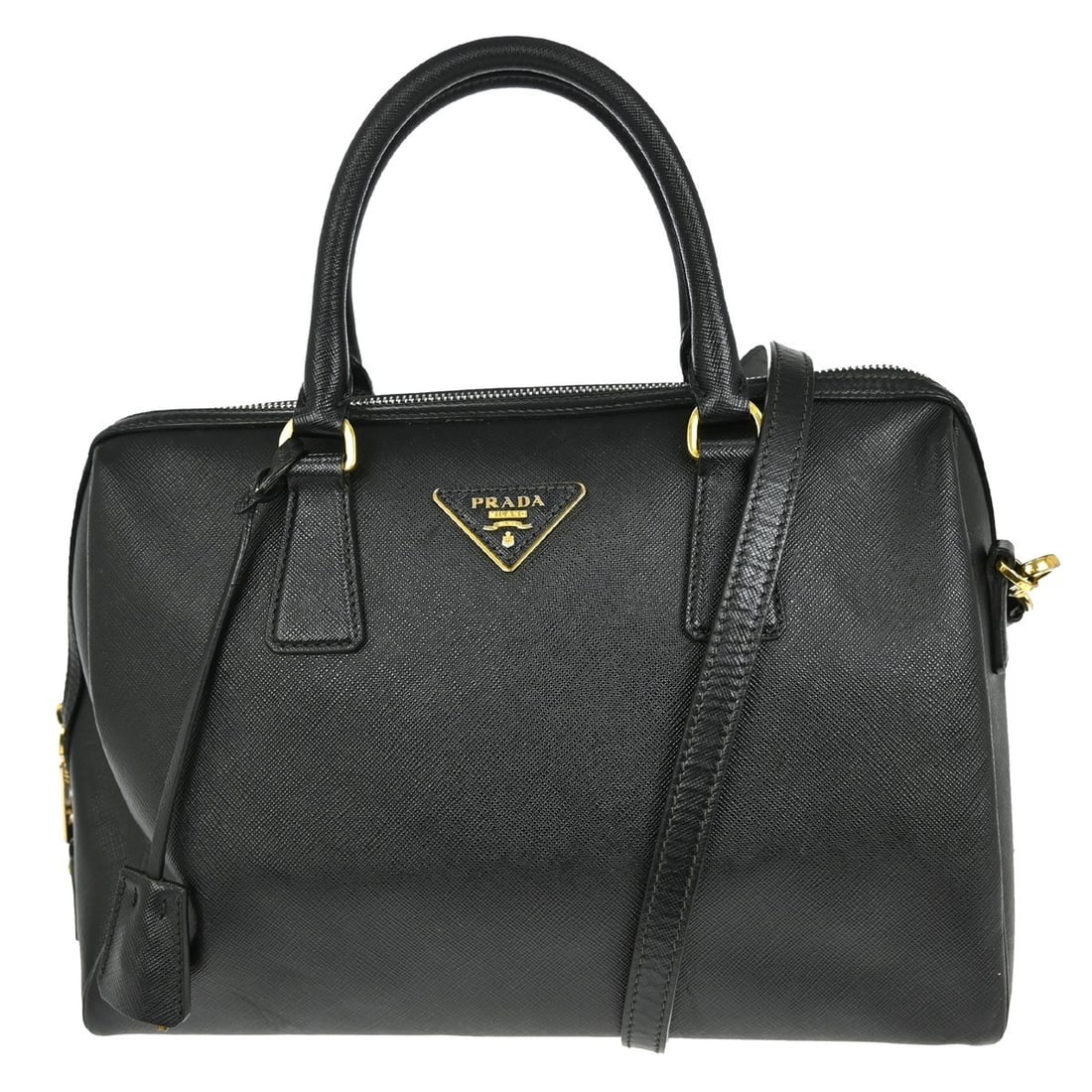 Prada Black Leather Top Handle Bag with Shoulder Strap Medium: Prada Black Leather Top Handle Bag with Shoulder Strap Medium This Prada black 2-way handbag features a medium-sized silhouette crafted from leather with a top handle design. The bag is accented with