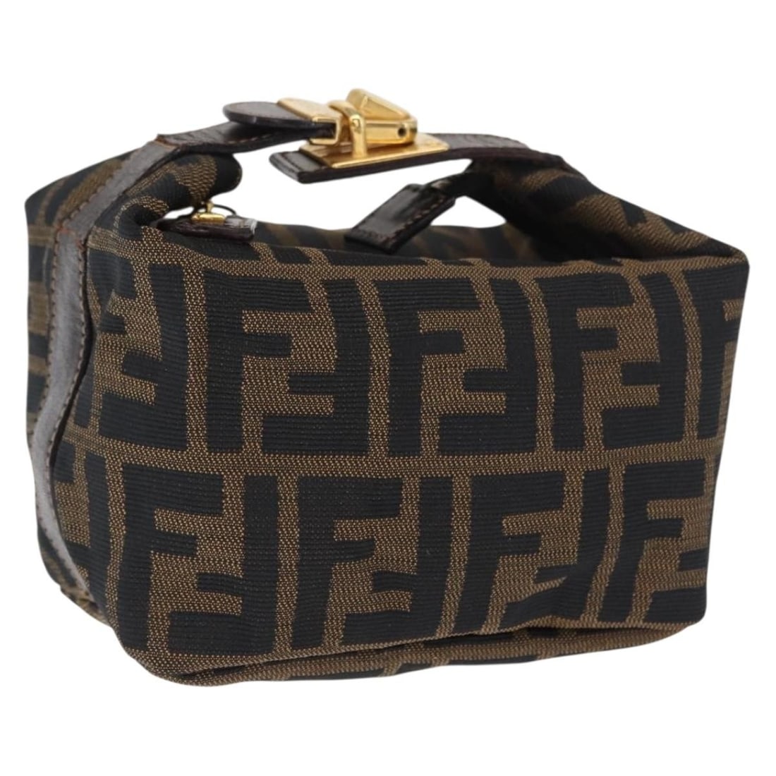 Fendi Vanity Pouch in Black Brown Zucca Canvas: Fendi Vanity Pouch in Black Brown Zucca Canvas This FENDI vanity pouch features the brand's signature Zucca canvas in black and brown. Made in Italy, it is designed with a compact shape and is intende