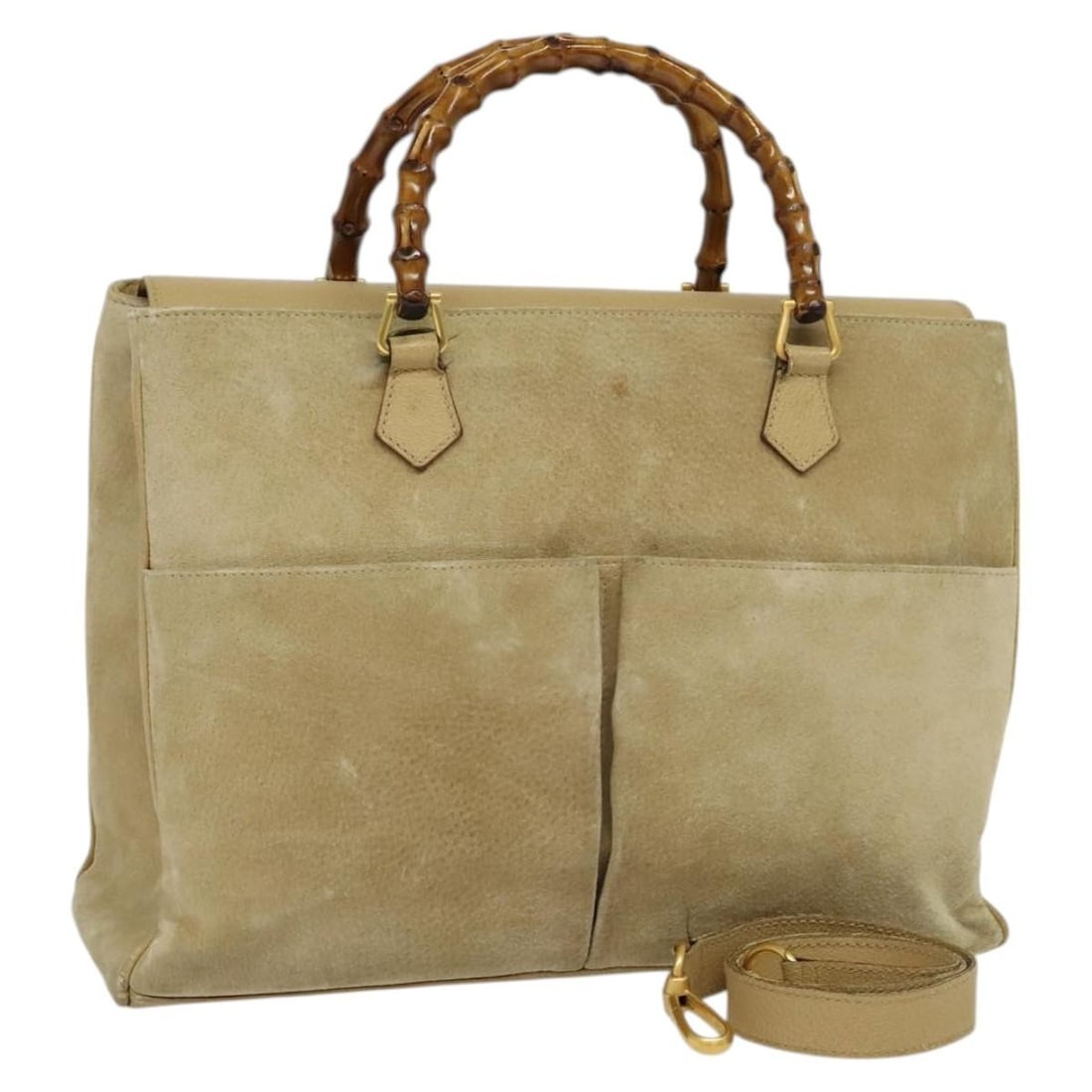 GUCCI Bamboo Suede Hand Bag Beige Gold 2-Way Auth 002 123 0322 (1 of 18)
