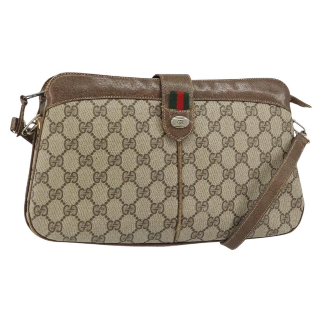 Beige GG Supreme Web Sherry Line Shoulder Bag by Gucci: Beige GG Supreme Web Sherry Line Shoulder Bag by Gucci This GUCCI GG Supreme Web Sherry Line shoulder bag is crafted from beige PVC leather and GG canvas, featuring gold-tone accents. Made in Italy, i