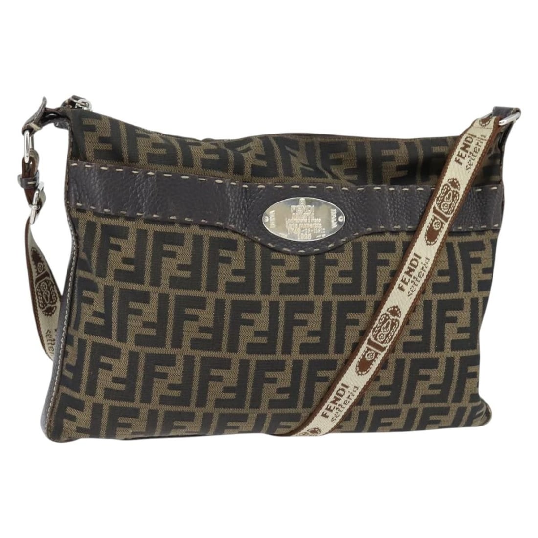 FENDI Zucca Canvas Celeria Shoulder Bag Black Brown Auth Italy: FENDI Zucca Canvas Celeria Shoulder Bag Black Brown Auth Italy This FENDI Zucca Canvas Celeria Shoulder Bag showcases a stylish blend of black and brown colors, crafted from durable Zucca canvas. Meas