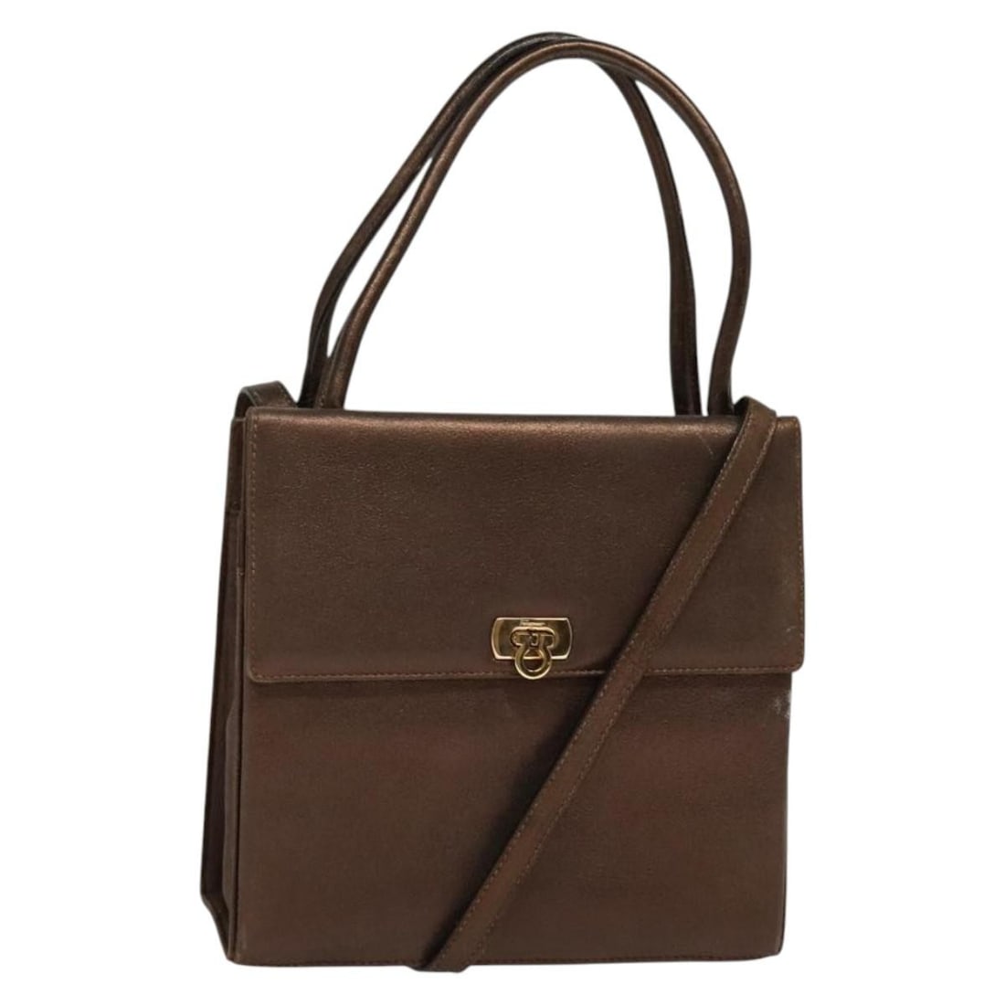 Salvatore Ferragamo Gancini Leather Hand Bag Brown Gold 2-Way Italy: Salvatore Ferragamo Gancini Leather Hand Bag Brown Gold 2-Way Italy This exquisite Salvatore Ferragamo Gancini Hand Bag is crafted from premium leather in a sophisticated brown and gold color scheme.
