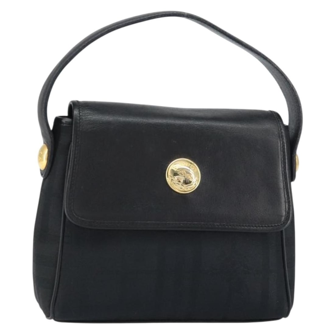 Burberrys Black Leather and Canvas Nova Check Handbag with Gold Accents: Burberrys Black Leather and Canvas Nova Check Handbag with Gold Accents This Burberrys Nova Check handbag features a combination of black and gold leather with canvas details. Made in Italy, the handb