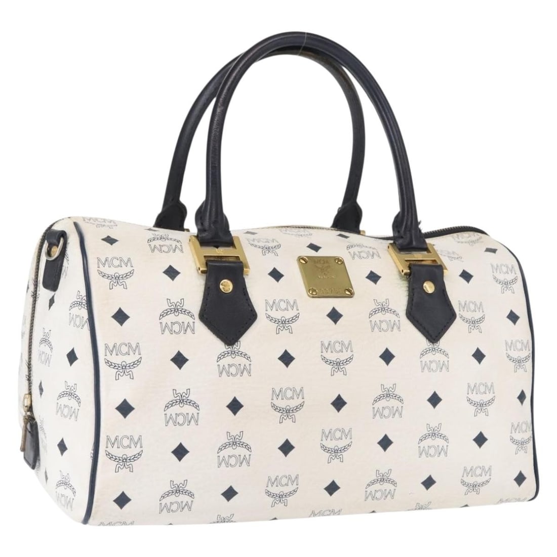 MCM White Boston Bag Logogram PVC Leather with Gold Accents: MCM White Boston Bag Logogram PVC Leather with Gold Accents This MCM Boston Bag features the iconic Vicetos logogram design in white and gold PVC leather. The bag is made in Germany and offers a spaci