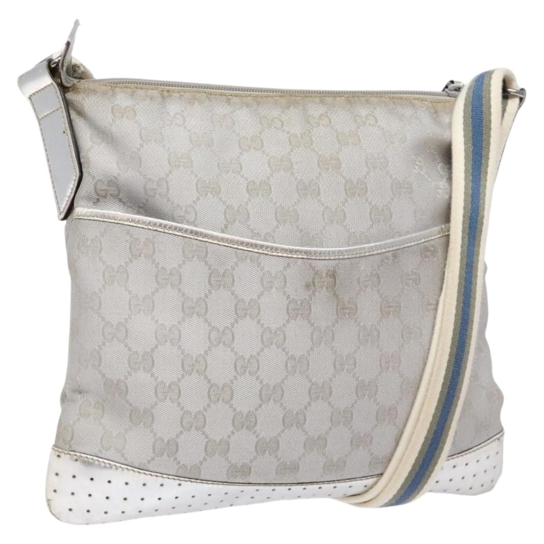 GUCCI GG Canvas Sherry Line Shoulder Bag Silver 145857 Auth Italy: GUCCI GG Canvas Sherry Line Shoulder Bag Silver 145857 Auth Italy Presenting a GUCCI GG Canvas Sherry Line Shoulder Bag, a stylish accessory crafted in Italy. This shoulder bag features a luxurious si