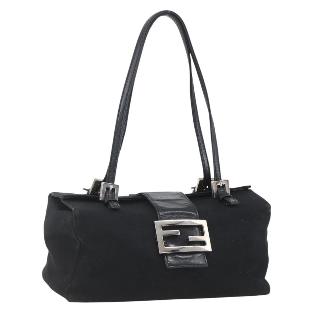 Black Nylon Fendi Handbag with Silver Accents Made in Italy: Black Nylon Fendi Handbag with Silver Accents Made in Italy This FENDI hand bag features a black and silver nylon exterior and is crafted in Italy. The bag measures approximately 23cm in width, 10cm i