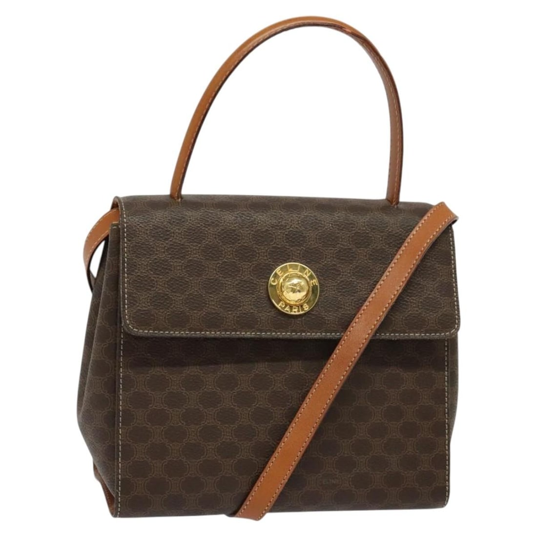 Authentic CELINE Macadam Canvas Hand Bag PVC Leather Brown Gold 2way Italy (1 of 18)