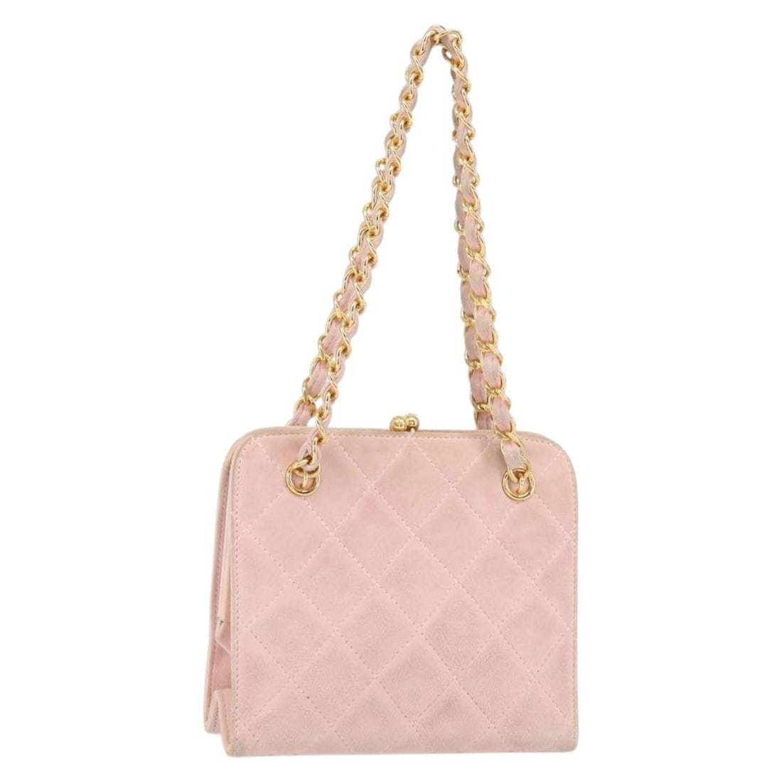 Chanel Matelasse Pink Suede Handbag with Chain Strap and Gold CC Logo: Chanel Matelasse Pink Suede Handbag with Chain Strap and Gold CC Logo This is a CHANEL Matelasse chain handbag crafted from pink suede with gold-tone accents. Made in Italy, it features the iconic CC