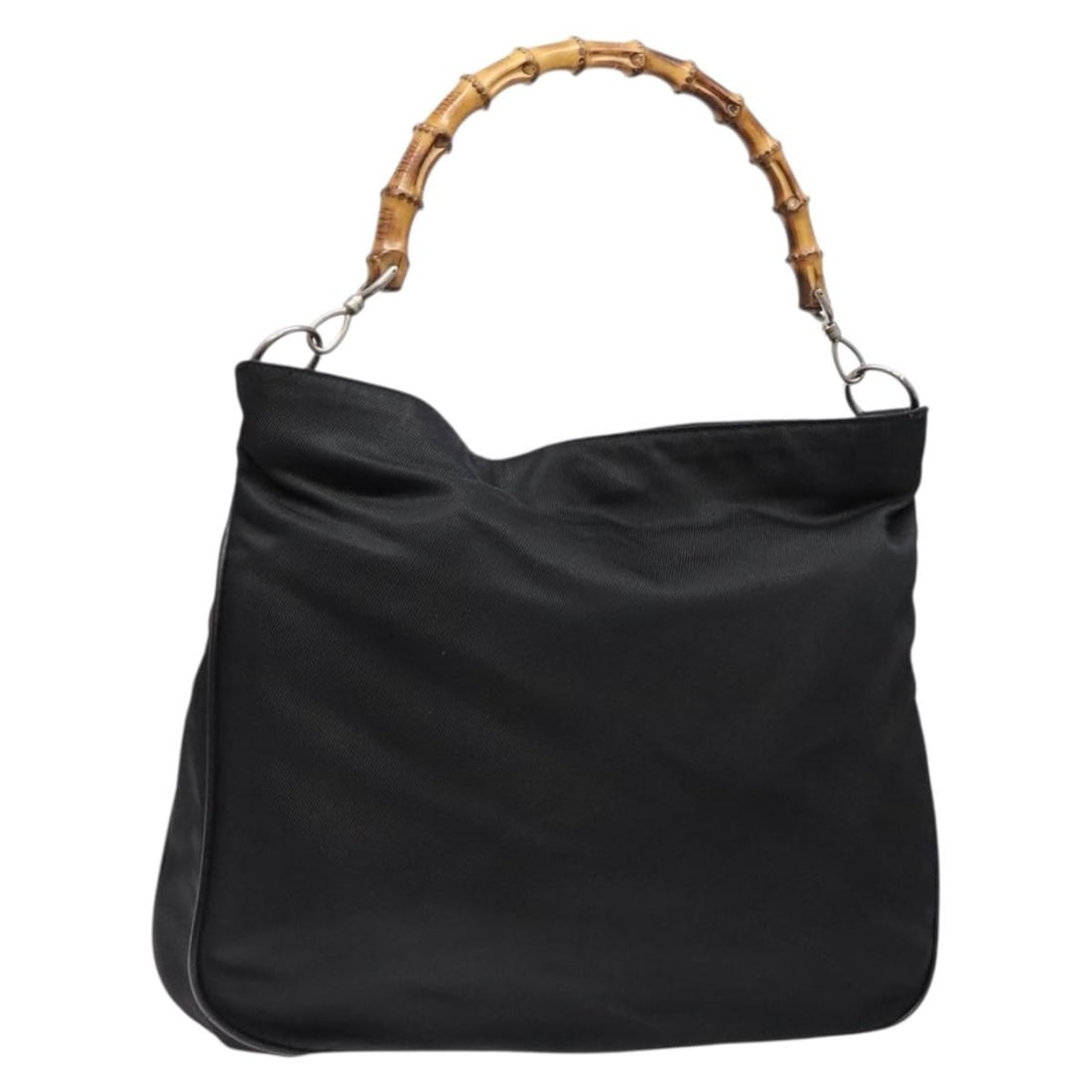 GUCCI Bamboo Nylon Shoulder Bag Black Silver 001 1553 1577 Authentic: GUCCI Bamboo Nylon Shoulder Bag Black Silver 001 1553 1577 Authentic This authentic GUCCI Bamboo Shoulder Bag combines elegance and practicality, featuring a stylish black and silver nylon exterior. I