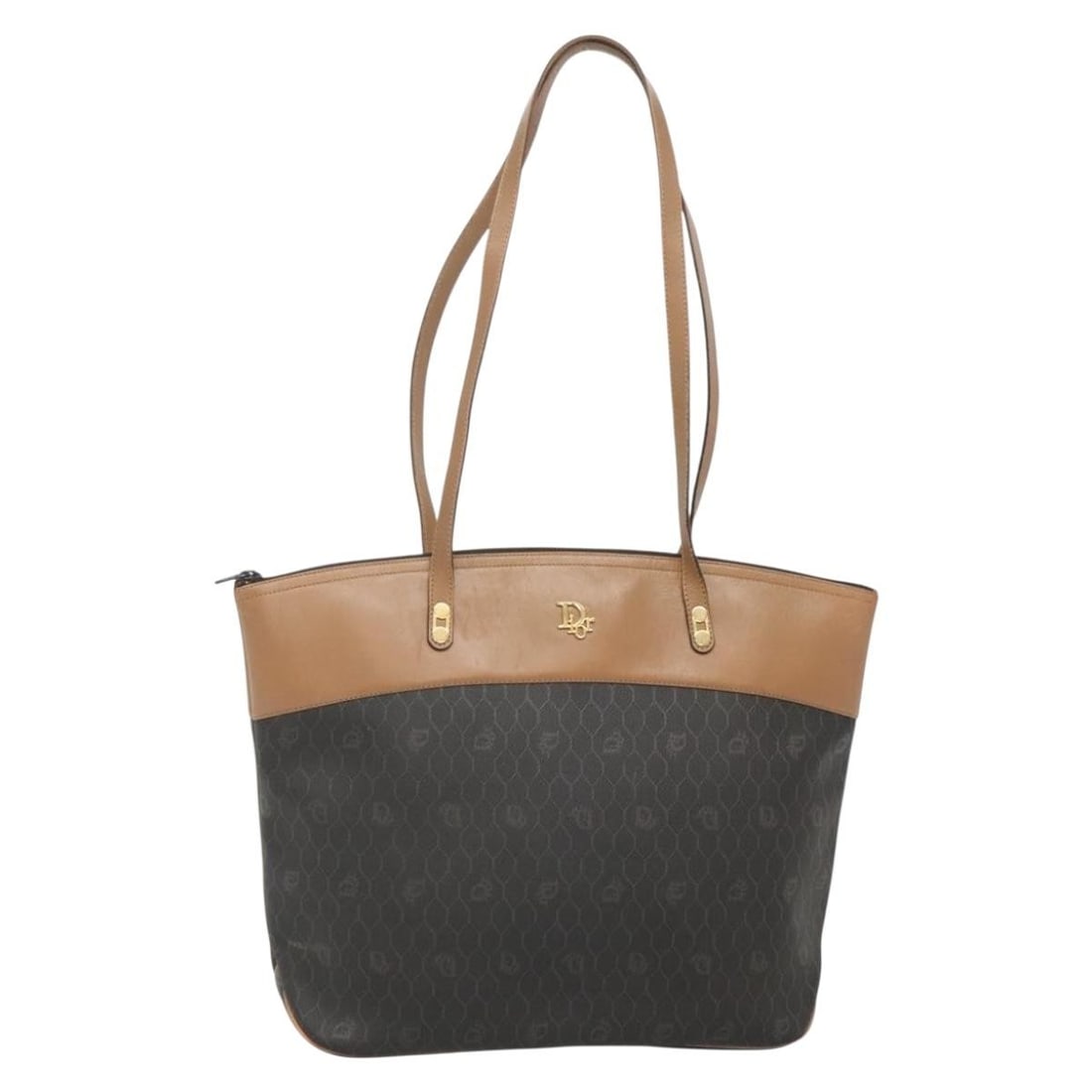 Christian Dior Black Gold Honeycomb Canvas Tote Bag PVC Auth (1 of 18)