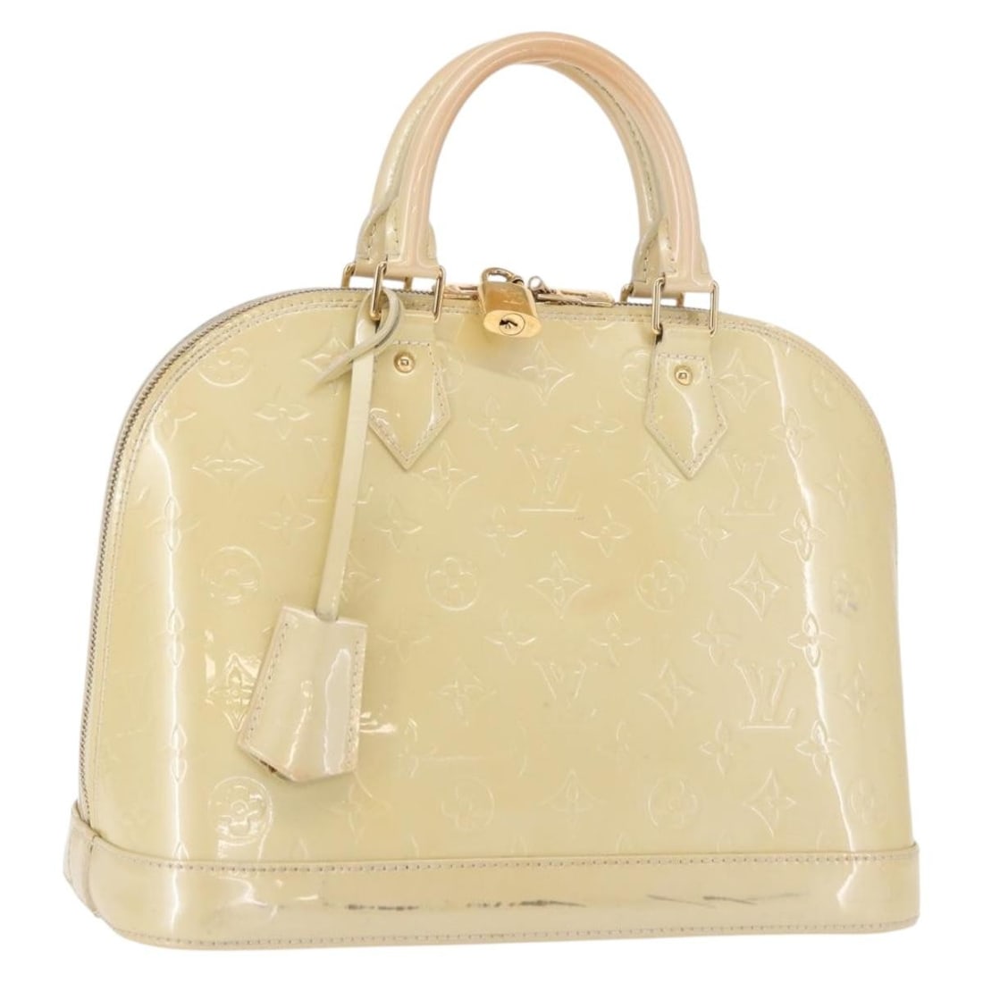 Louis Vuitton Alma PM Monogram Vernis Patent Leather Handbag Broncorail M91445: Louis Vuitton Alma PM Monogram Vernis Patent Leather Handbag Broncorail M91445 This is a Louis Vuitton Monogram Vernis Alma PM handbag in Broncorail, crafted from patent leather. The bag features a st