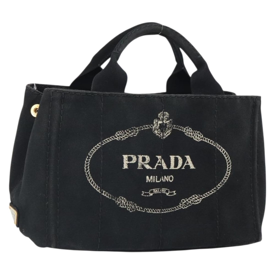 Black Canvas Canapa PM Tote by Prada Italy: Black Canvas Canapa PM Tote by Prada Italy This PRADA Canapa PM hand bag is crafted from black canvas and features a structured silhouette. Designed for versatile use, it offers both hand and shoulder