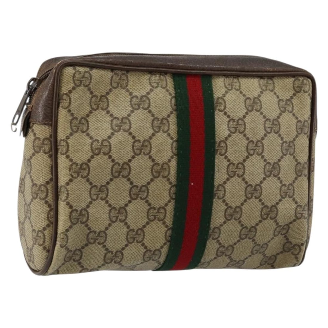 GUCCI GG Supreme Web Sherry Clutch Bag PVC Beige Red 75 01 012 Auth: GUCCI GG Supreme Web Sherry Clutch Bag PVC Beige Red 75 01 012 Auth This GUCCI GG Supreme Web Sherry Line Clutch Bag is a stylish accessory made from durable PVC leather and GG canvas. The exterior fe