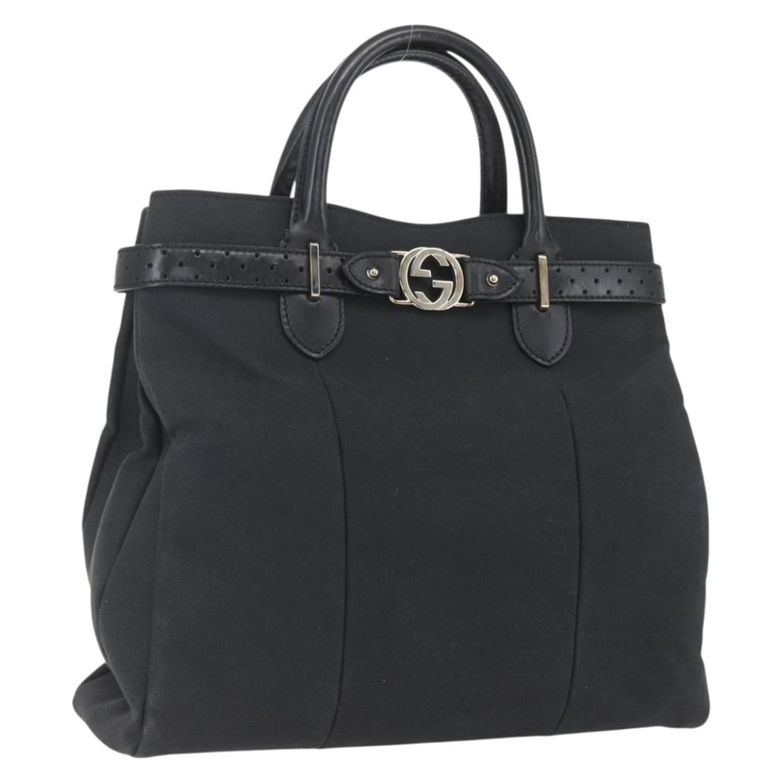 Gucci 114888 Black Canvas Tote Bag Silver Accents Made in Italy: Gucci 114888 Black Canvas Tote Bag Silver Accents Made in Italy This is a Gucci tote bag crafted from black and silver canvas. The bag features a spacious main compartment and double handles. Please n