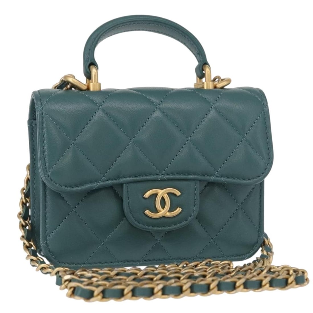 CHANEL Green Gold Lamb Skin Matelasse Shoulder Bag Auth 156667SM (1 of 18)