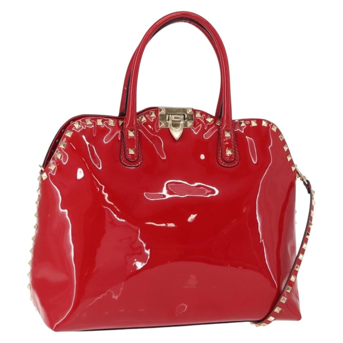 VALENTINO Rock Stud Hand Bag Red Gold Patent Leather Italy: VALENTINO Rock Stud Hand Bag Red Gold Patent Leather Italy This exquisite VALENTINO Rock Studs Hand Bag is crafted from luxurious patent leather, showcasing a vibrant red and gold color combination. M