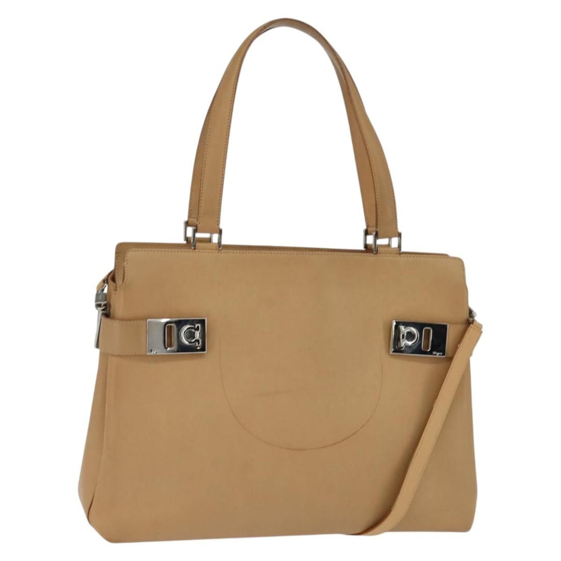Salvatore Ferragamo Gancini Tote Bag Leather Beige Gold Authentic: Salvatore Ferragamo Gancini Tote Bag Leather Beige Gold Authentic This Salvatore Ferragamo Gancini Tote Bag is a sophisticated accessory crafted from high-quality beige leather with gold accents. Desi
