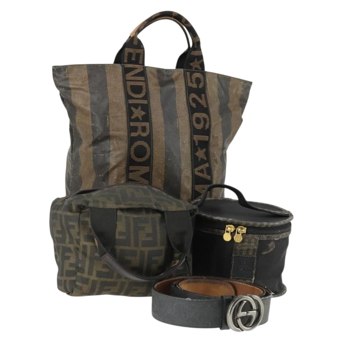 Set of 4 FENDI Pequin Canvas Black Brown Handbags: Set of 4 FENDI Pequin Canvas Black Brown Handbags This Fendi Pequin canvas handbag set includes four pieces crafted in black and brown canvas. Made in Italy, these handbags feature the Pequin striped