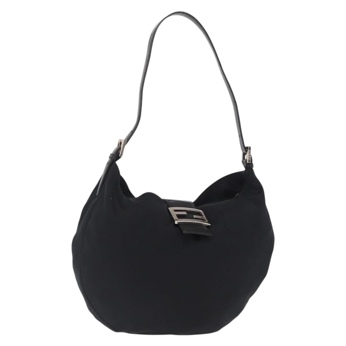 Fendi Mamma Baguette Black Nylon Shoulder Bag Silver Hardware Italy: Fendi Mamma Baguette Black Nylon Shoulder Bag Silver Hardware Italy This FENDI Mamma Baguette shoulder bag features a black nylon exterior with silver accents. The bag shows signs of heavy use, includ