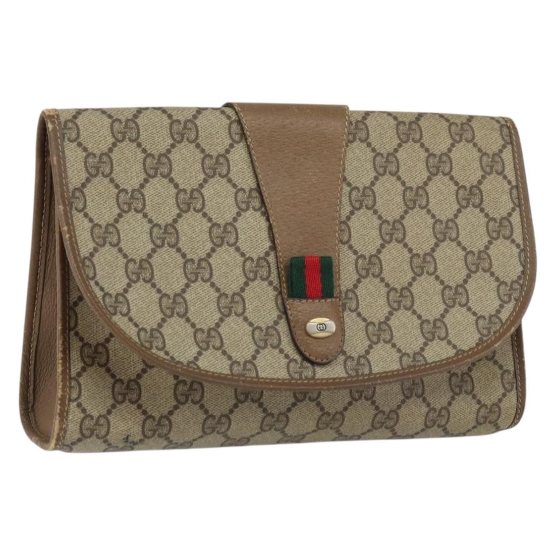 Beige Gold PVC GG Supreme Sherry Line Clutch by Gucci 89 01 030: Beige Gold PVC GG Supreme Sherry Line Clutch by Gucci 89 01 030 This is a Gucci GG Supreme Web Sherry Line clutch bag in beige and gold, crafted from PVC leather and GG canvas. The bag features a clas