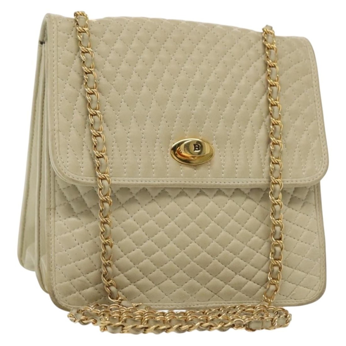 BALLY Ivory Gold Leather Chain Shoulder Bag Made in Italy: BALLY Ivory Gold Leather Chain Shoulder Bag Made in Italy This BALLY Chain Shoulder Bag is a stylish accessory crafted from high-quality leather in a chic ivory and gold color scheme. With a unique de