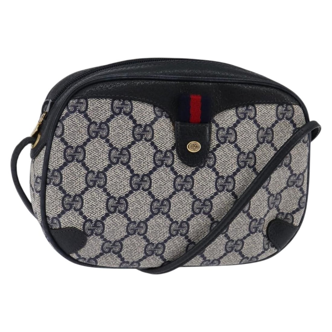 GUCCI GG Supreme Sherry Line Navy Gold Shoulder Bag PVC 89 02 066 Auth: GUCCI GG Supreme Sherry Line Navy Gold Shoulder Bag PVC 89 02 066 Auth This elegant GUCCI GG Supreme Sherry Line Shoulder Bag is crafted from durable PVC leather in a striking navy and gold color comb