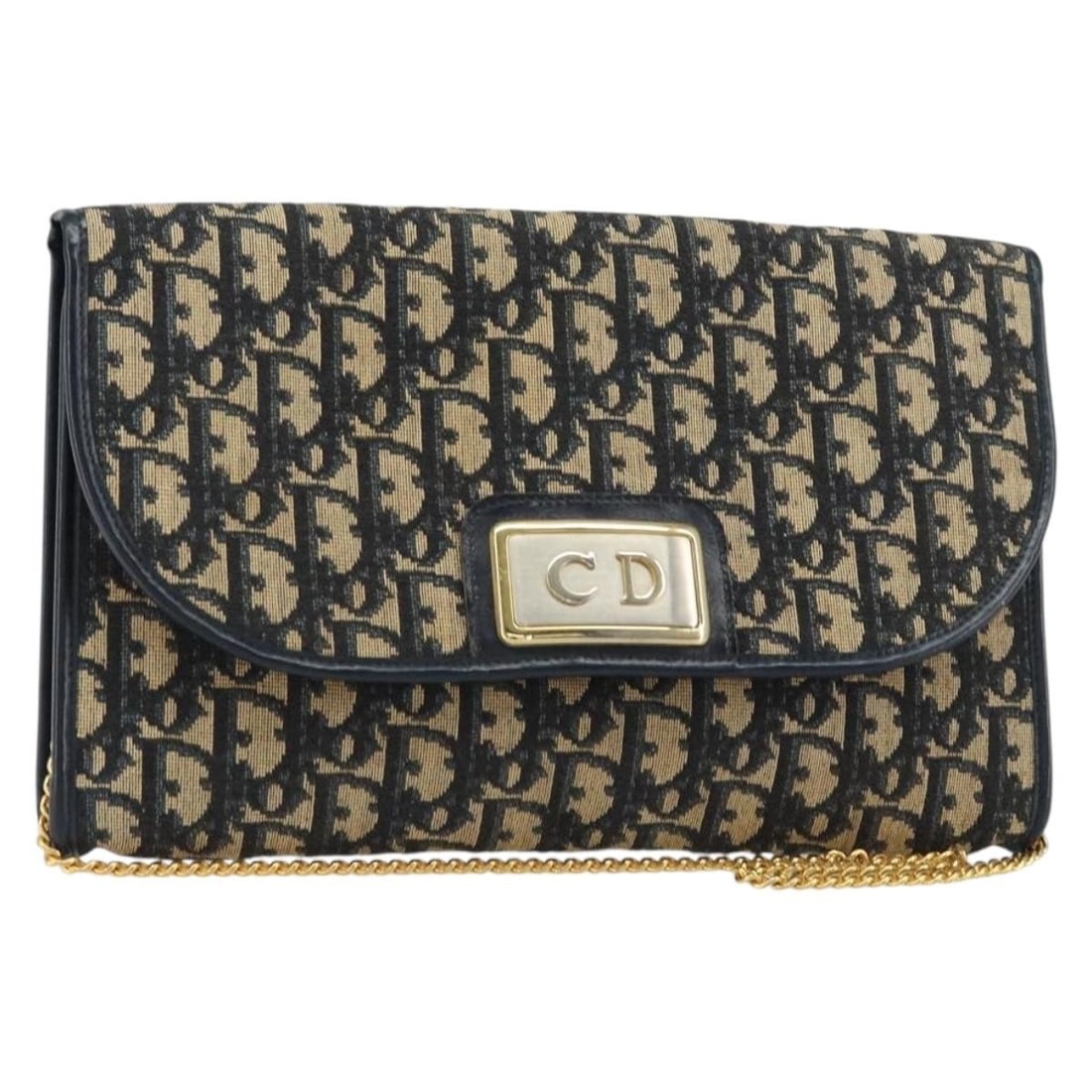 Navy Trotter Canvas Christian Dior Shoulder Bag with Gold Chain Detail: Navy Trotter Canvas Christian Dior Shoulder Bag with Gold Chain Detail This Christian Dior Trotter Canvas chain shoulder bag features a navy and gold color scheme with signature Trotter canvas materia