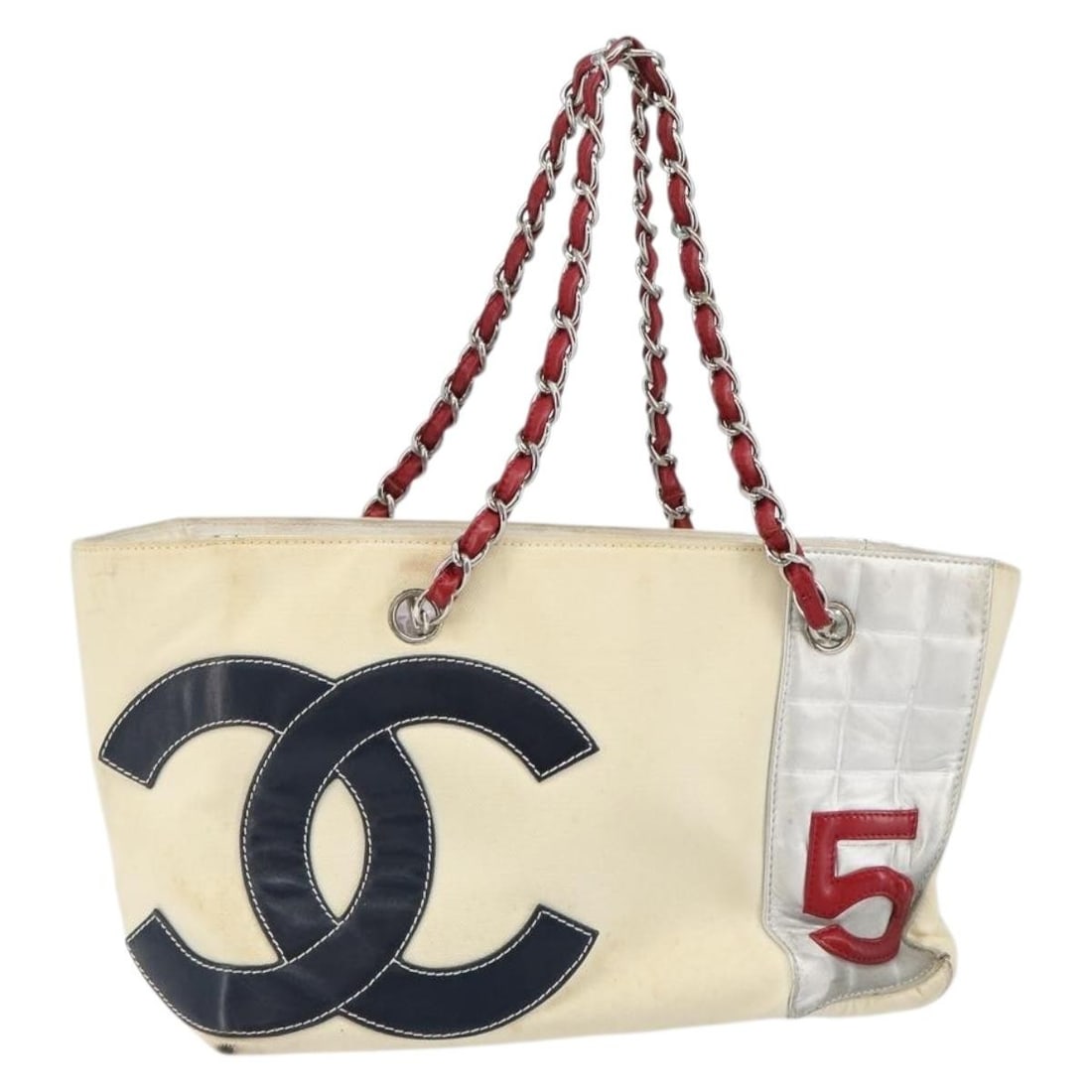 CHANEL Choco Bar Tote Bag Canvas White Silver Auth Italy (1 of 18)