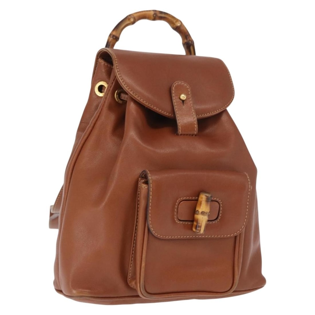 Brown Leather Gucci Bamboo Backpack with Gold Tone 003 1705 0030: Brown Leather Gucci Bamboo Backpack with Gold Tone 003 1705 0030 This is a Gucci Bamboo Backpack crafted from brown leather with gold-tone accents. Made in Italy, this classic backpack features bamboo