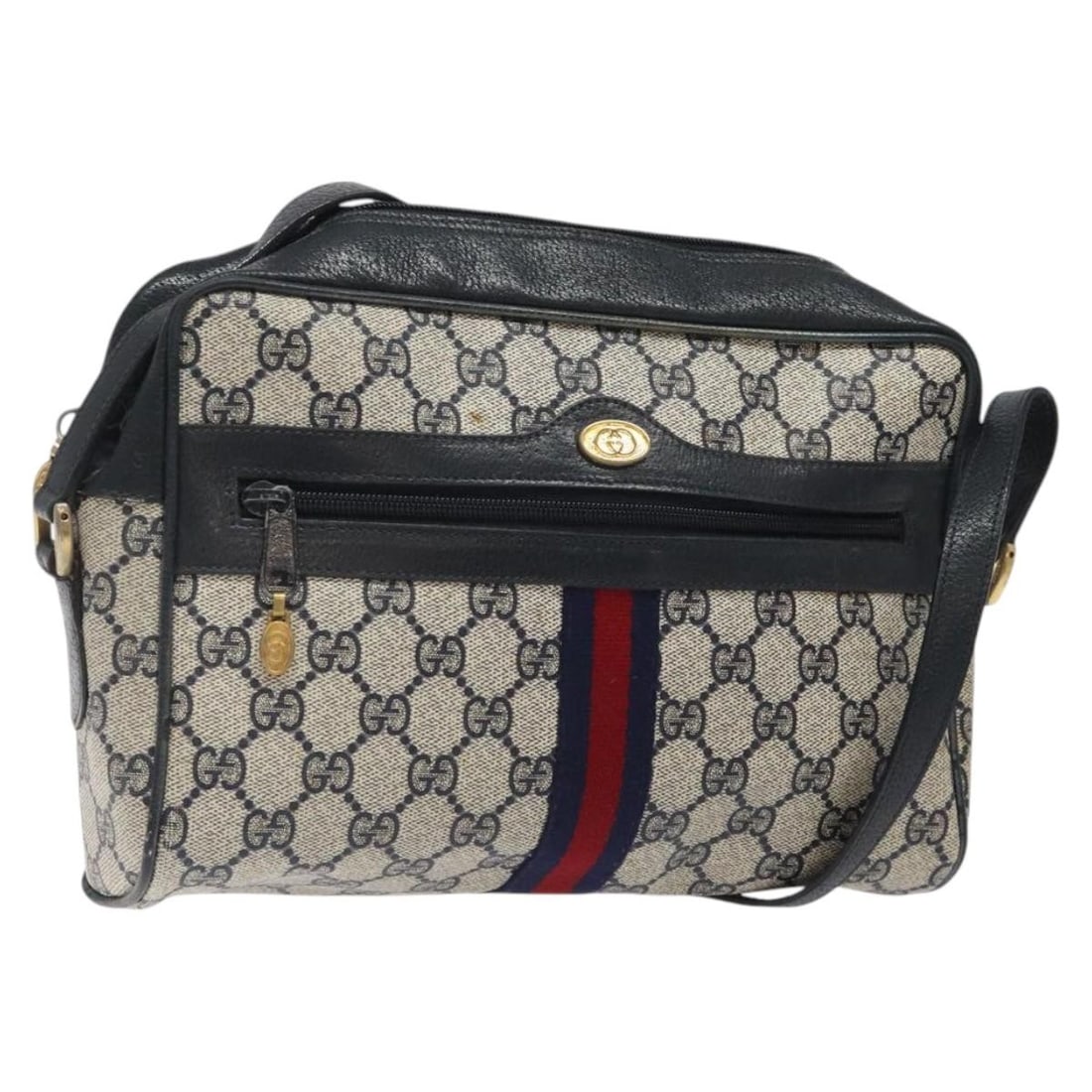 GUCCI GG Supreme Sherry Line Shoulder Bag Navy Gold PVC Auth 14 02 005 (1 of 18)