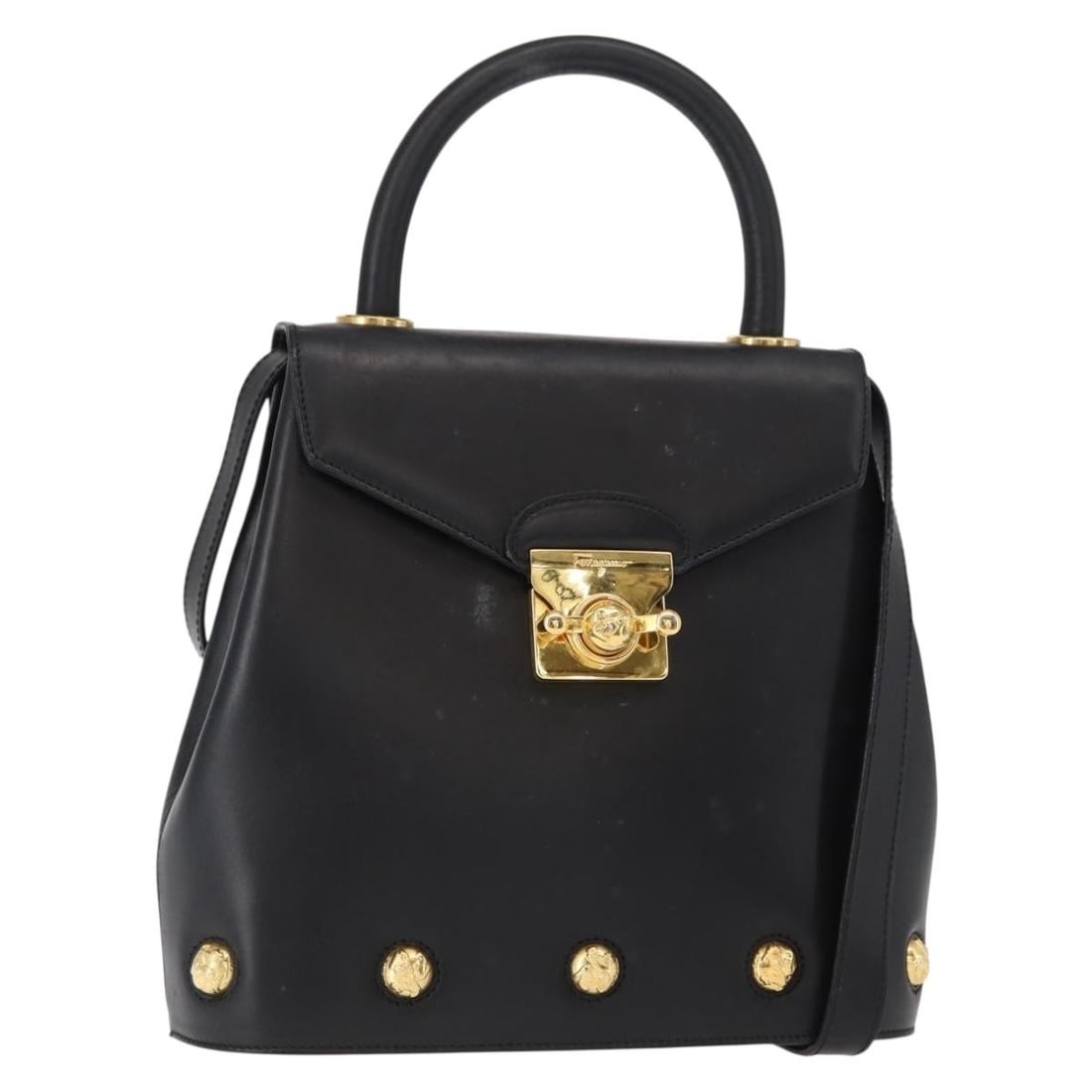 Salvatore Ferragamo Black Gold Leather Hand Bag 2way Auth Italy: Salvatore Ferragamo Black Gold Leather Hand Bag 2way Auth Italy This Salvatore Ferragamo hand bag epitomizes luxury with its elegant black leather exterior accented by gold details. Crafted in Italy,