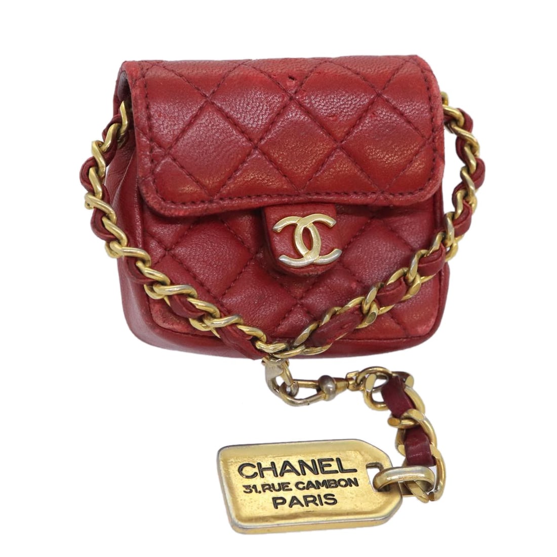CHANEL Mini Matelasse Chain Pouch Lambskin Red Gold Made in France: CHANEL Mini Matelasse Chain Pouch Lambskin Red Gold Made in France This CHANEL Mini Matelasse Chain Pouch is a luxurious accessory crafted from soft lambskin in a striking red and gold color combinati