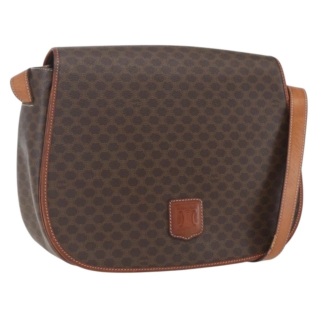 Celine Macadam Shoulder Bag in Brown PVC Leather with Gold Accents and Pouch: Celine Macadam Shoulder Bag in Brown PVC Leather with Gold Accents and Pouch This CELINE Macadam canvas shoulder bag features a brown and gold color scheme with PVC leather and Macadam canvas exterior