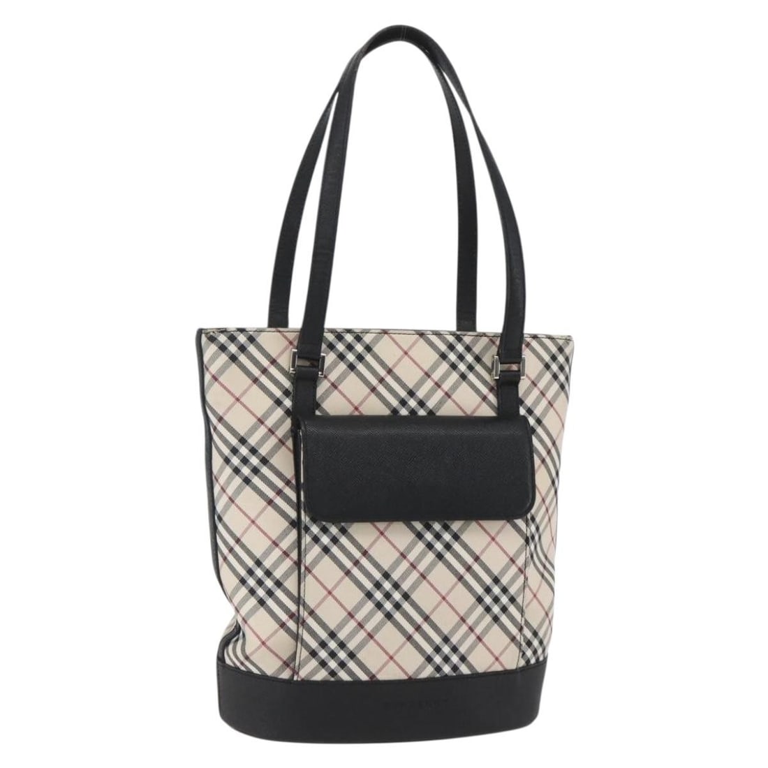 Beige Canvas Nova Check Tote by Burberry with Silver Accents: Beige Canvas Nova Check Tote by Burberry with Silver Accents This Burberry Nova Check tote bag features a beige and silver canvas exterior with the signature check pattern. The bag has a rectangular s