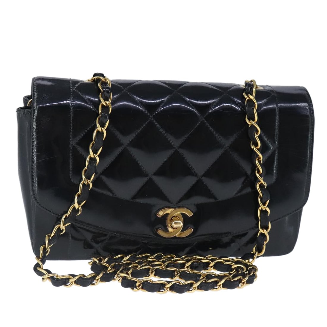 CHANEL Diana Matelasse Black Gold Patent Leather Shoulder Bag Auth 3196: CHANEL Diana Matelasse Black Gold Patent Leather Shoulder Bag Auth 3196 This CHANEL Diana Matelasse Chain Shoulder Bag is a sophisticated accessory crafted in France from high-quality patent leather.