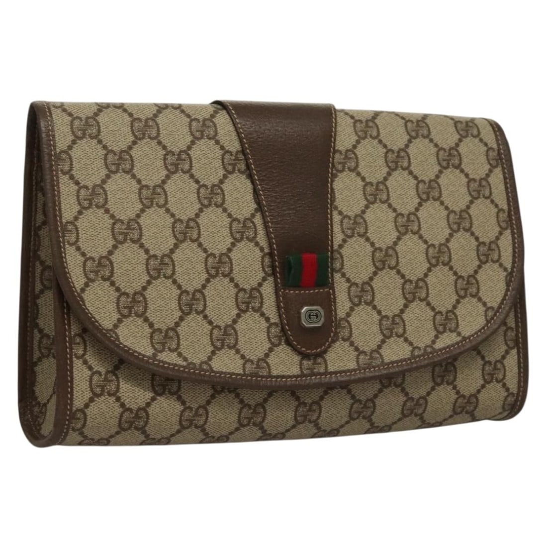 GUCCI GG Supreme Web Sherry Line Clutch Bag PVC Beige Red Green Italy Auth 132258: GUCCI GG Supreme Web Sherry Line Clutch Bag PVC Beige Red Green Italy Auth 132258 This authentic GUCCI GG Supreme Web Sherry Line Clutch Bag showcases a stylish blend of beige, red, and green colors i