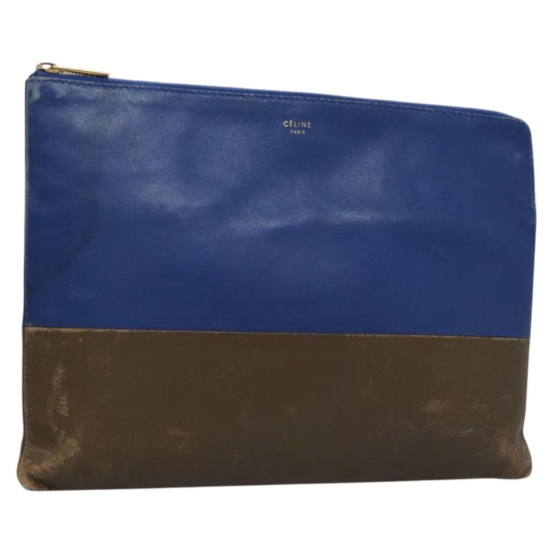 CELINE Leather Pouch Blue Gold Made in Italy with Guarantee Card: CELINE Leather Pouch Blue Gold Made in Italy with Guarantee Card This authentic CELINE Pouch is crafted from high-quality leather in a striking blue and gold color combination. With approximate dimens