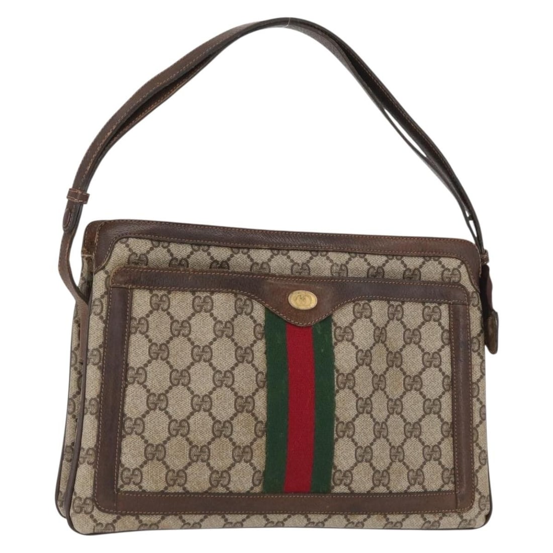 Beige Gold PVC Shoulder Bag by Gucci GG Supreme Web Sherry Line 41 001 4085: Beige Gold PVC Shoulder Bag by Gucci GG Supreme Web Sherry Line 41 001 4085 This is a Gucci GG Supreme Sherry Line shoulder bag crafted in beige and gold PVC leather with GG canvas accents. Made in It