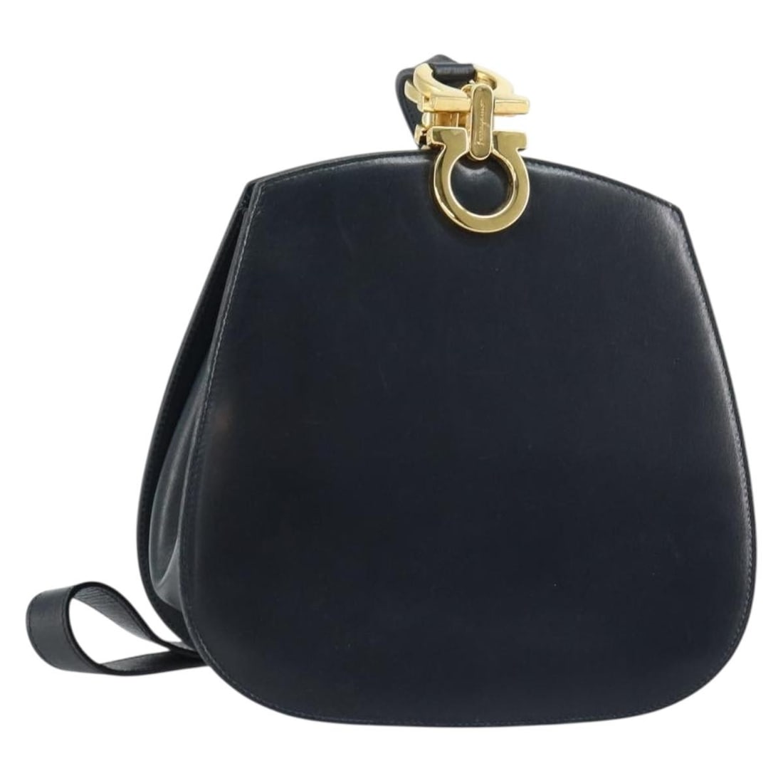 Salvatore Ferragamo Gancini Leather Shoulder Bag Navy Gold Auth 157634 (1 of 18)