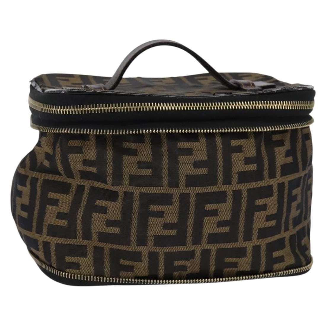 FENDI Zucca Canvas Vanity Pouch Black Brown Gold Made in Italy: FENDI Zucca Canvas Vanity Pouch Black Brown Gold Made in Italy Introducing the Fendi Zucca Canvas Vanity Pouch, a stylish blend of black, brown, and gold. This chic pouch, crafted from signature Zucca