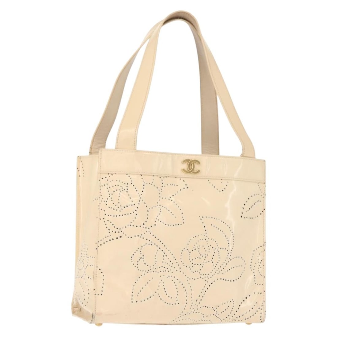 CHANEL Camelia Tote Bag Beige Gold Patent Leather Auth 149325: CHANEL Camelia Tote Bag Beige Gold Patent Leather Auth 149325 This CHANEL Camelia Tote Bag is crafted from luxurious patent leather in a stylish beige and gold color combination. Designed in Italy, th