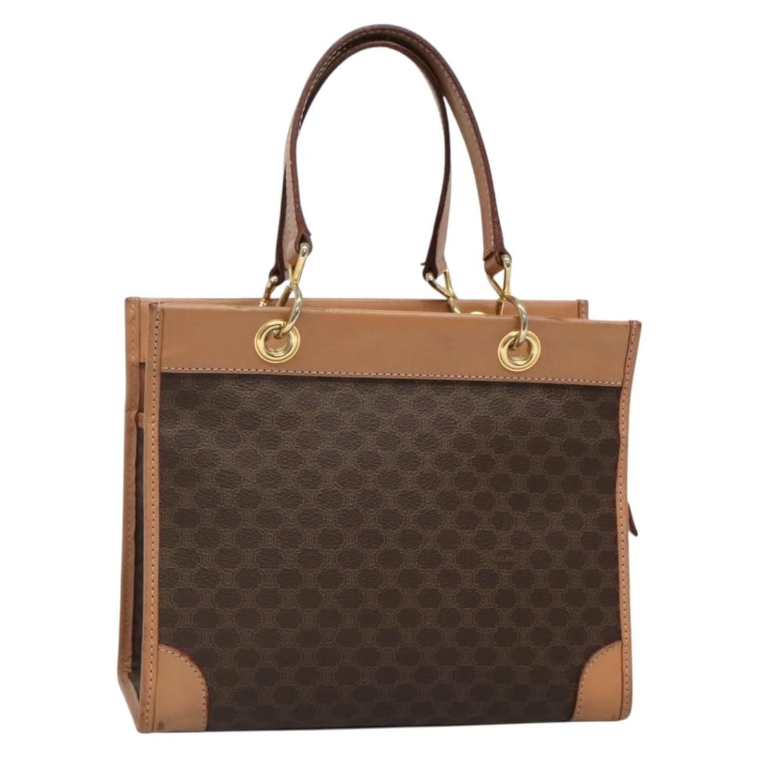 CELINE Macadam Canvas Hand Bag PVC Leather Brown Gold Auth Italy (1 of 18)