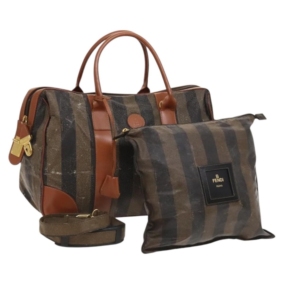 Fendi Pequin Canvas and Leather Handbags Set of 2 Black Brown Gold Italy: Fendi Pequin Canvas and Leather Handbags Set of 2 Black Brown Gold Italy This FENDI hand bag set features two bags crafted from leather and Pequin canvas in black, brown, and gold tones. Made in Italy