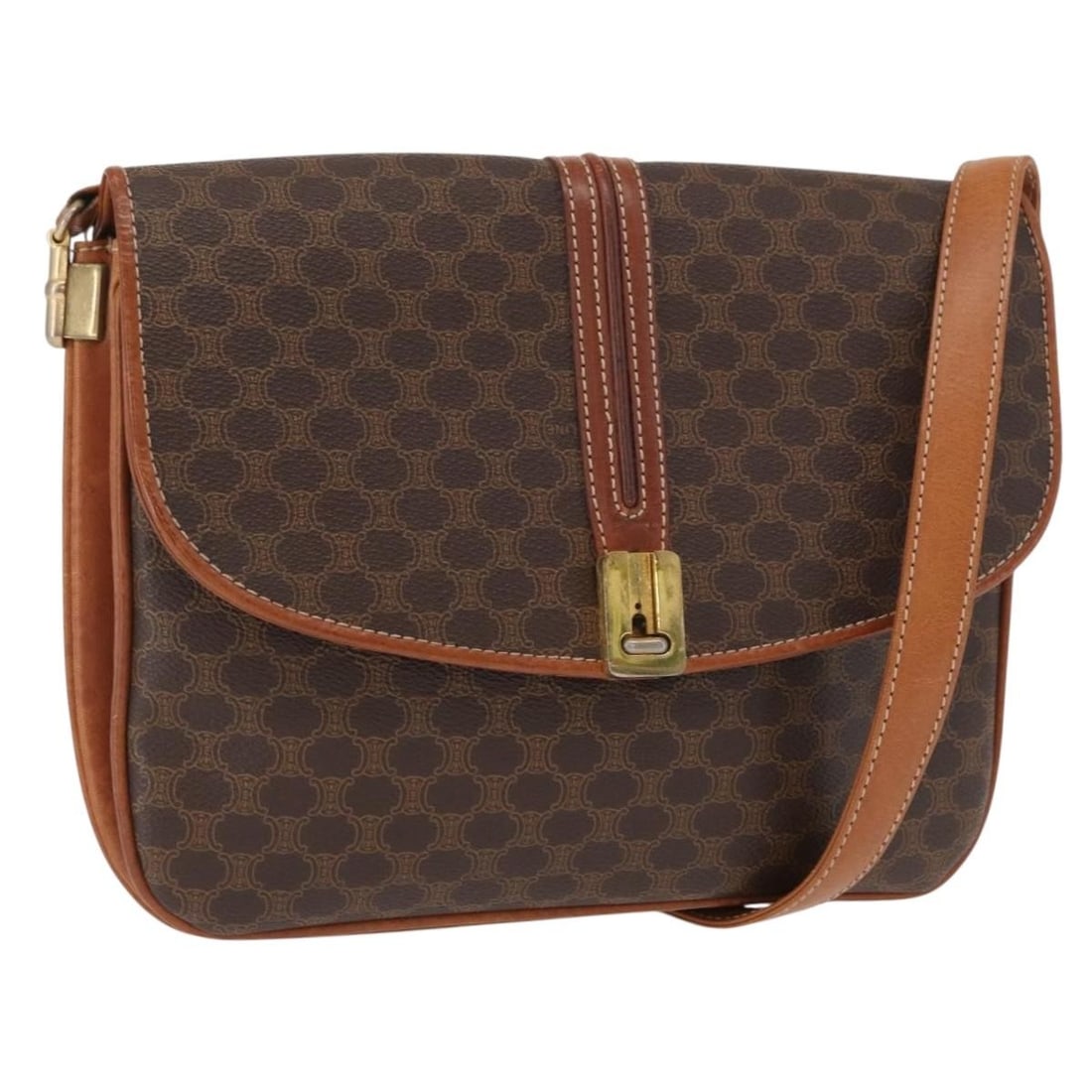 Celine Brown Macadam Canvas Shoulder Purse with PVC Leather Trim Gold Details: Celine Brown Macadam Canvas Shoulder Purse with PVC Leather Trim Gold Details This CELINE Macadam shoulder bag is crafted from brown PVC leather and Macadam canvas, featuring gold-tone accents. Made i